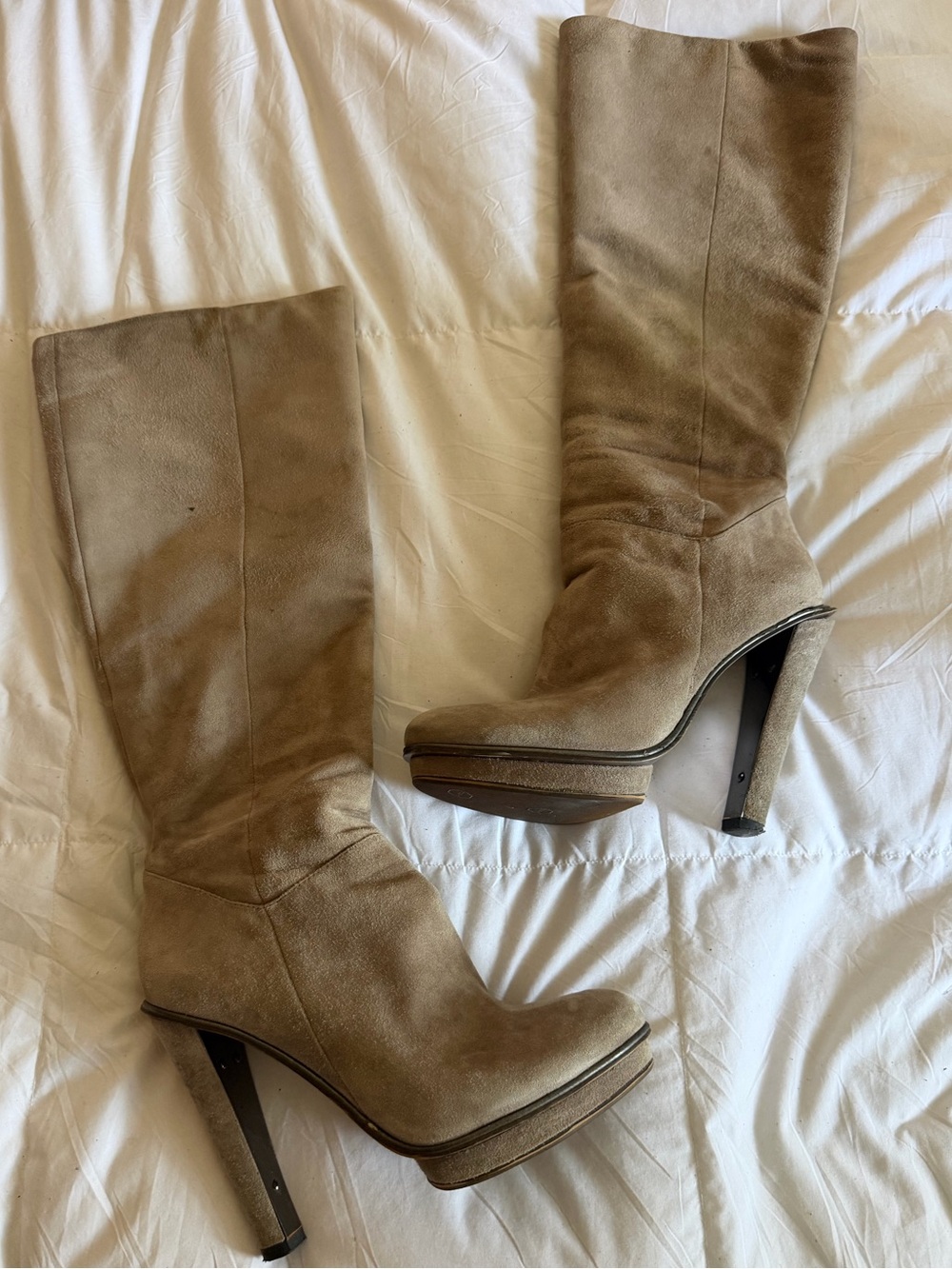 BCBG Neptune Knee-High Suede Platform Heel Boots - Taupe - Picture 4 of 11